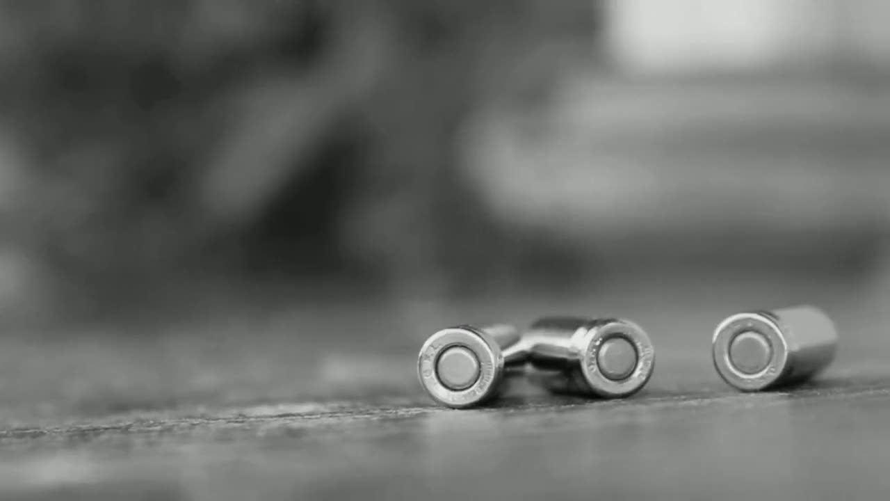 Macro shots of cartridges and a shooter with ear protection at an outdoor range